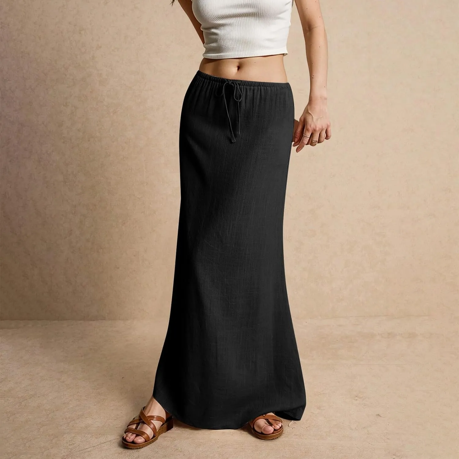 Womens Linen Maxi Skirts Summer Elastic Waist Drawstring A Line Long Flared Skirts Vacation Boho Flowy Skirt