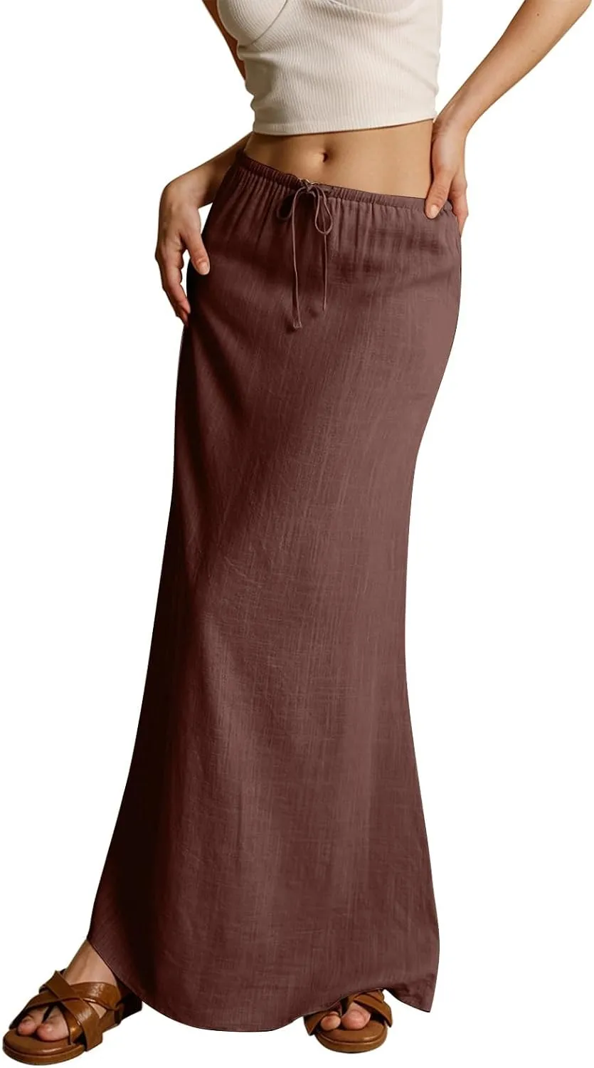 Womens Linen Maxi Skirts Summer Elastic Waist Drawstring A Line Long Flared Skirts Vacation Boho Flowy Skirt