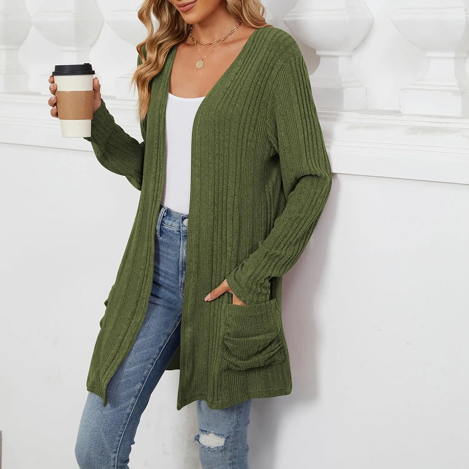 Womens Open Front Cardigan Lightweight Casual Long Sleeve Knit Sweaters Solid Color Outwear Fall Loungewear