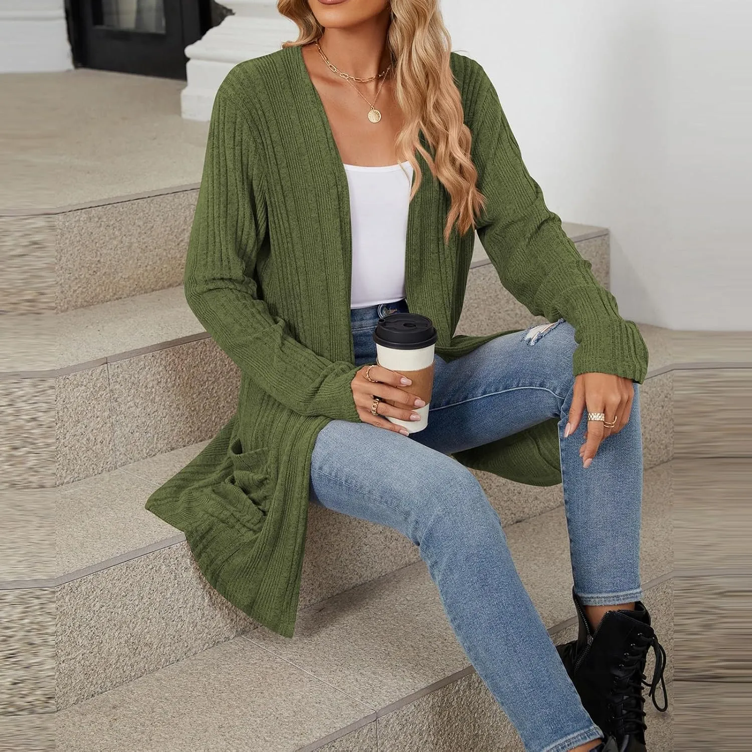 Womens Open Front Cardigan Lightweight Casual Long Sleeve Knit Sweaters Solid Color Outwear Fall Loungewear