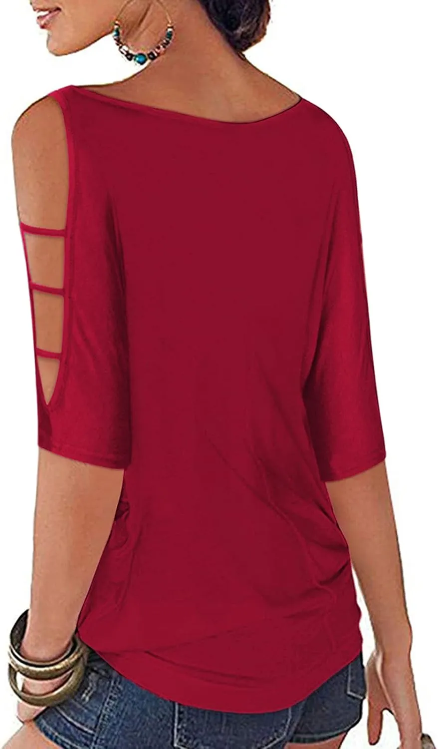 Womens Summer Cold Shoulder Tops 3/4 Sleeve T Shirts Pullover Casual Dolman Blouses