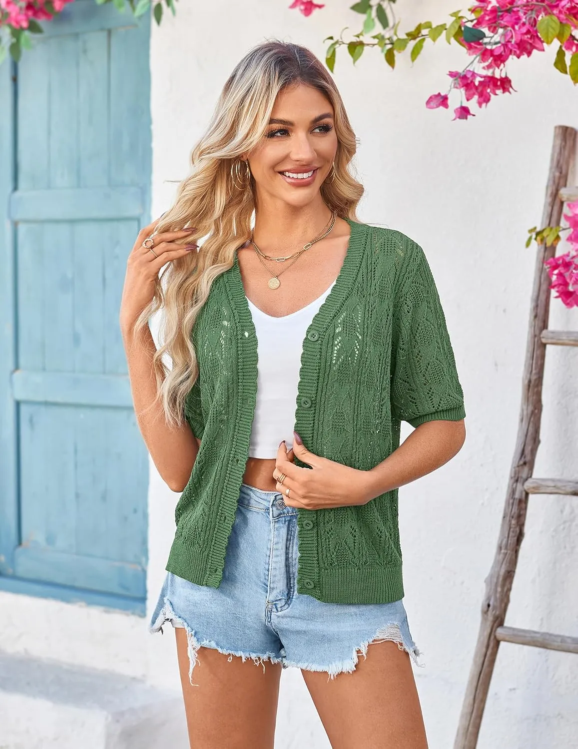 Yekaty Womens 2025 Short Sleeve Crochet Summer Cardigan Cropped Button Sweater Lightweight Shrug for Dress