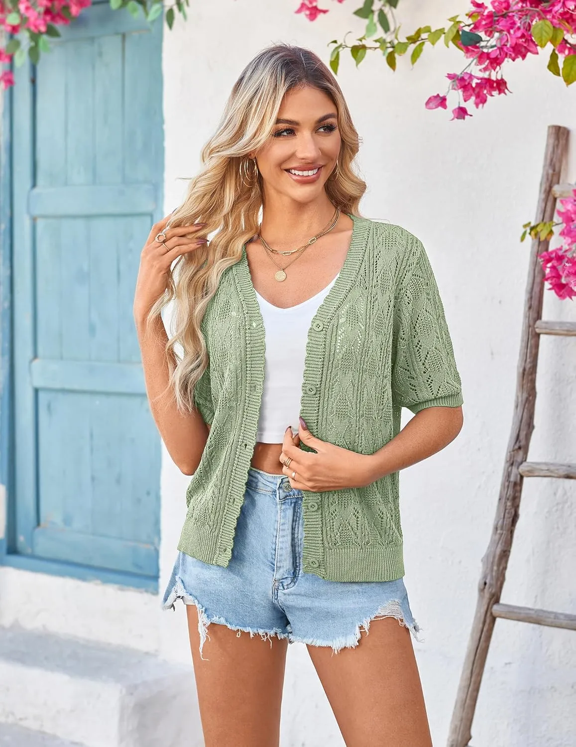 Yekaty Womens 2025 Short Sleeve Crochet Summer Cardigan Cropped Button Sweater Lightweight Shrug for Dress