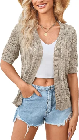 Yekaty Womens 2025 Short Sleeve Crochet Summer Cardigan Cropped Button Sweater Lightweight Shrug for Dress