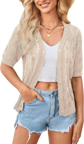 Yekaty Womens 2025 Short Sleeve Crochet Summer Cardigan Cropped Button Sweater Lightweight Shrug for Dress