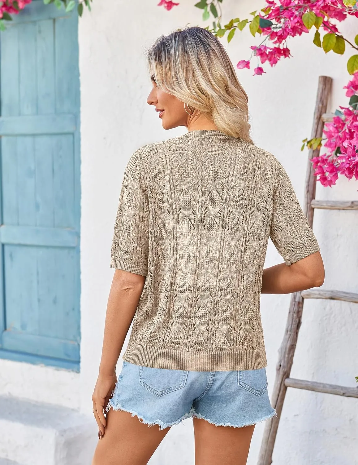 Yekaty Womens 2025 Short Sleeve Crochet Summer Cardigan Cropped Button Sweater Lightweight Shrug for Dress