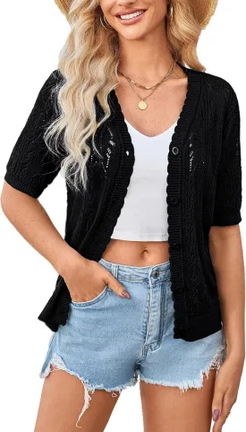 Yekaty Womens 2025 Short Sleeve Crochet Summer Cardigan Cropped Button Sweater Lightweight Shrug for Dress