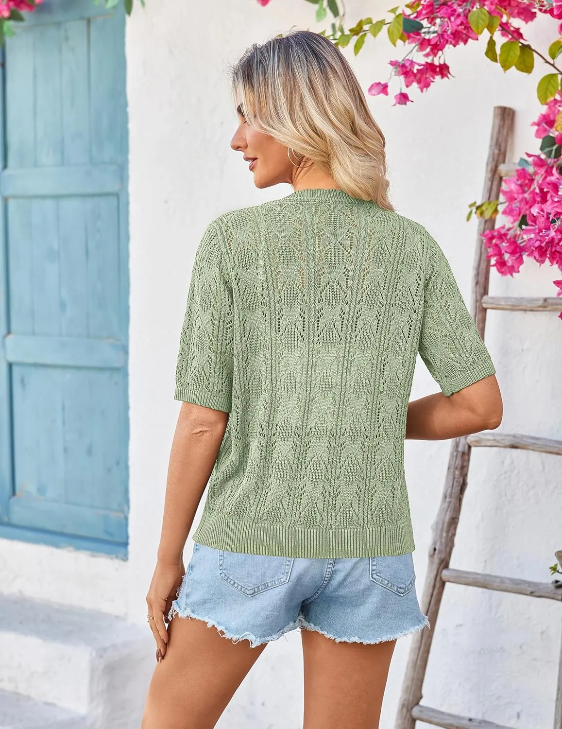 Yekaty Womens 2025 Short Sleeve Crochet Summer Cardigan Cropped Button Sweater Lightweight Shrug for Dress