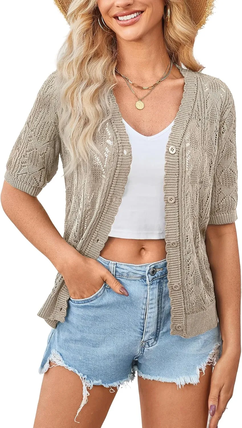 Yekaty Womens 2025 Short Sleeve Crochet Summer Cardigan Cropped Button Sweater Lightweight Shrug for Dress
