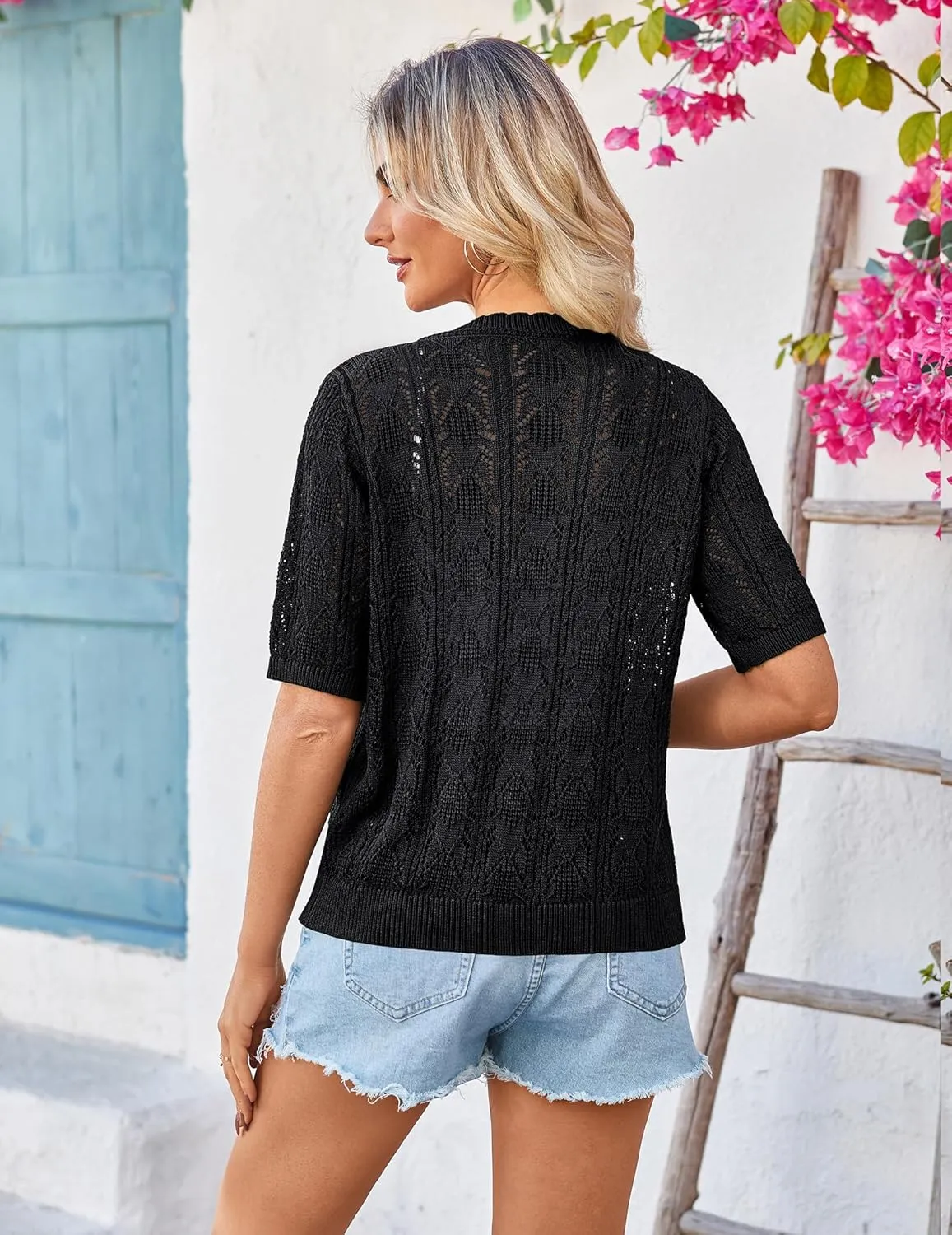 Yekaty Womens 2025 Short Sleeve Crochet Summer Cardigan Cropped Button Sweater Lightweight Shrug for Dress
