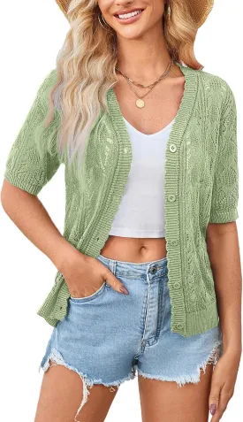 Yekaty Womens 2025 Short Sleeve Crochet Summer Cardigan Cropped Button Sweater Lightweight Shrug for Dress