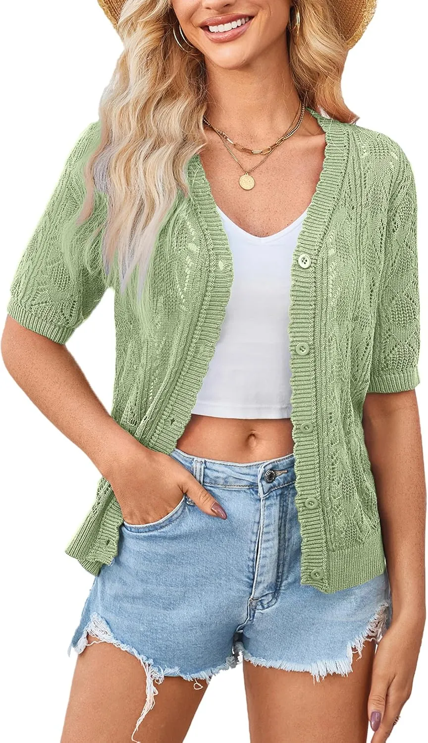 Yekaty Womens 2025 Short Sleeve Crochet Summer Cardigan Cropped Button Sweater Lightweight Shrug for Dress