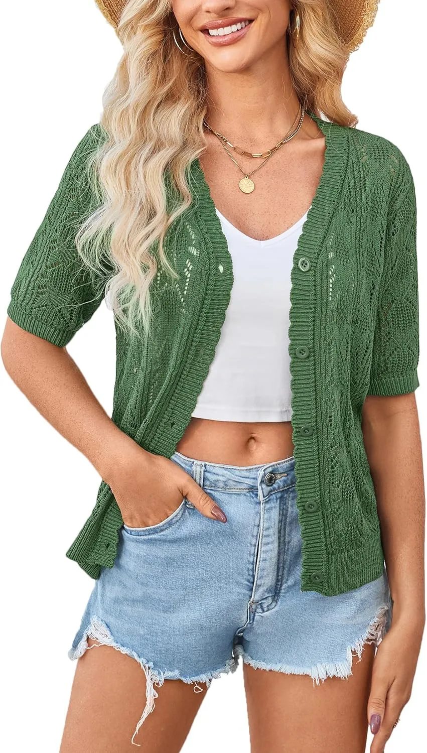 Yekaty Womens 2025 Short Sleeve Crochet Summer Cardigan Cropped Button Sweater Lightweight Shrug for Dress