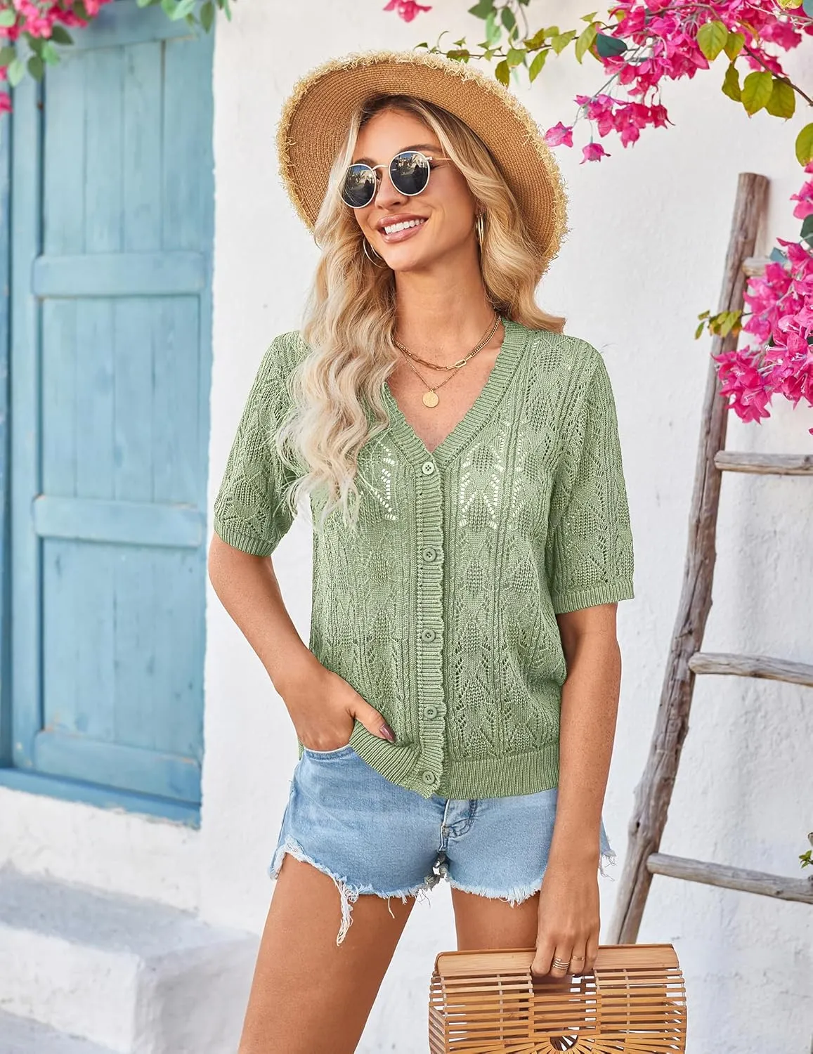 Yekaty Womens 2025 Short Sleeve Crochet Summer Cardigan Cropped Button Sweater Lightweight Shrug for Dress