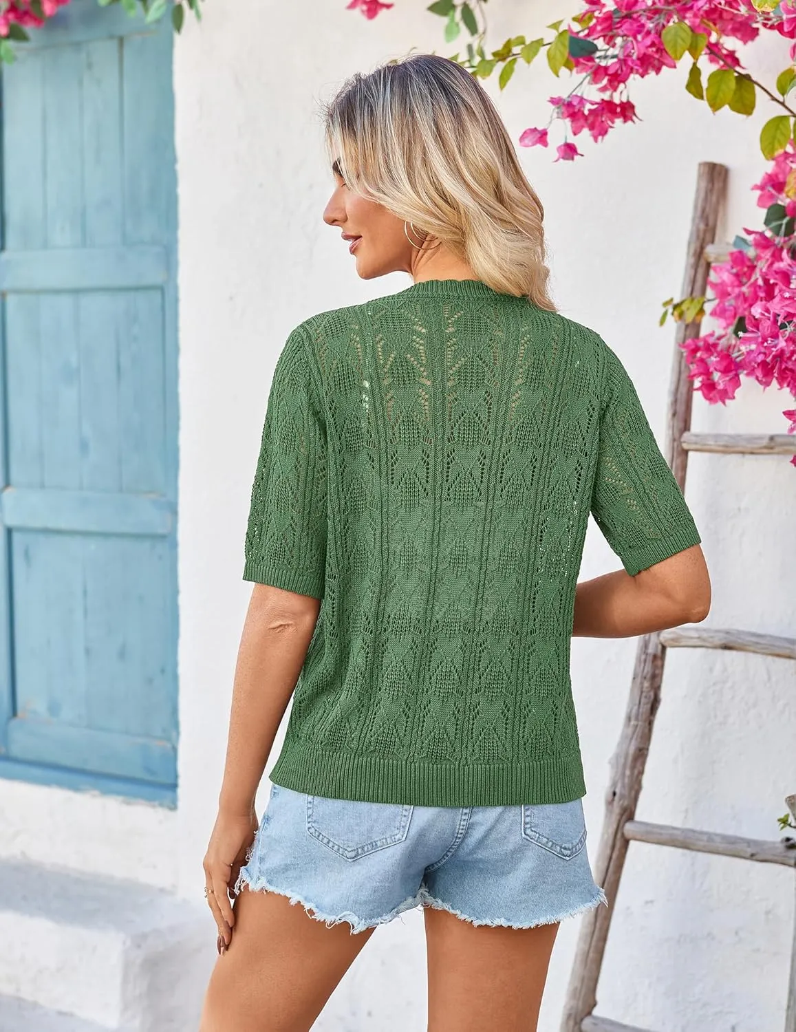 Yekaty Womens 2025 Short Sleeve Crochet Summer Cardigan Cropped Button Sweater Lightweight Shrug for Dress