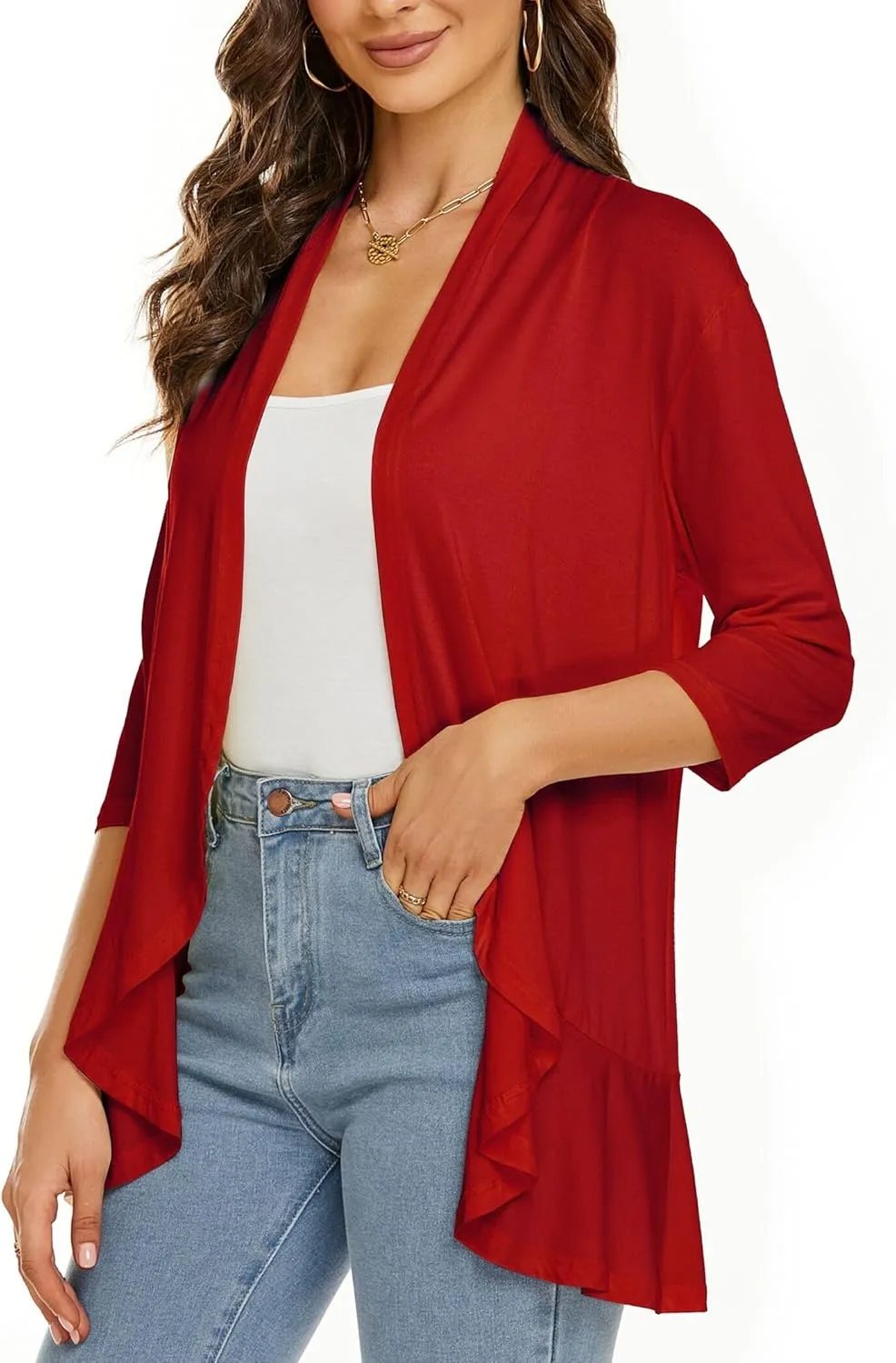 YnimioAOX Women's Cardigan Lightweight Open Front 3/4 Sleeves Draped Ruffles Knit Cardigan Sweaters