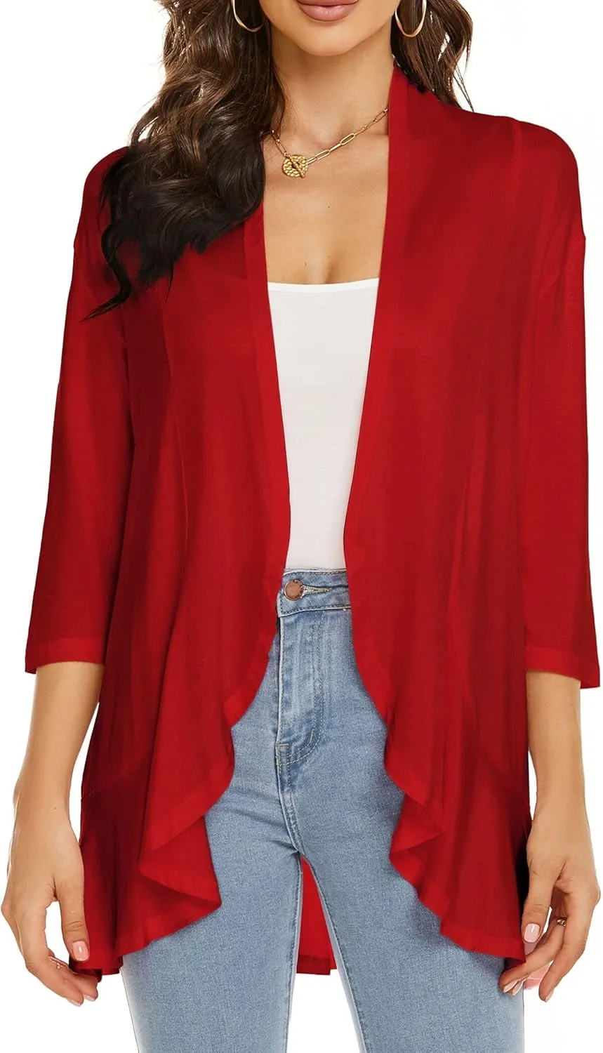 YnimioAOX Women's Cardigan Lightweight Open Front 3/4 Sleeves Draped Ruffles Knit Cardigan Sweaters