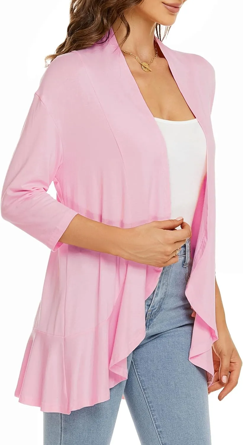 YnimioAOX Women's Cardigan Lightweight Open Front 3/4 Sleeves Draped Ruffles Knit Cardigan Sweaters