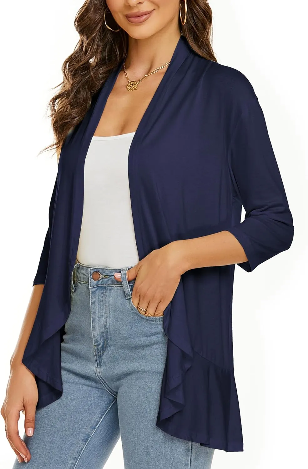 YnimioAOX Women's Cardigan Lightweight Open Front 3/4 Sleeves Draped Ruffles Knit Cardigan Sweaters