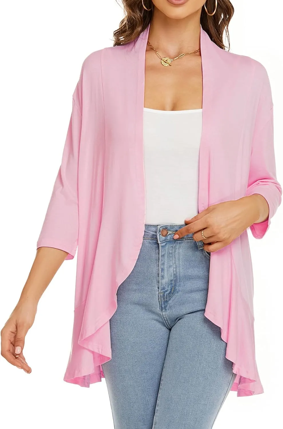 YnimioAOX Women's Cardigan Lightweight Open Front 3/4 Sleeves Draped Ruffles Knit Cardigan Sweaters