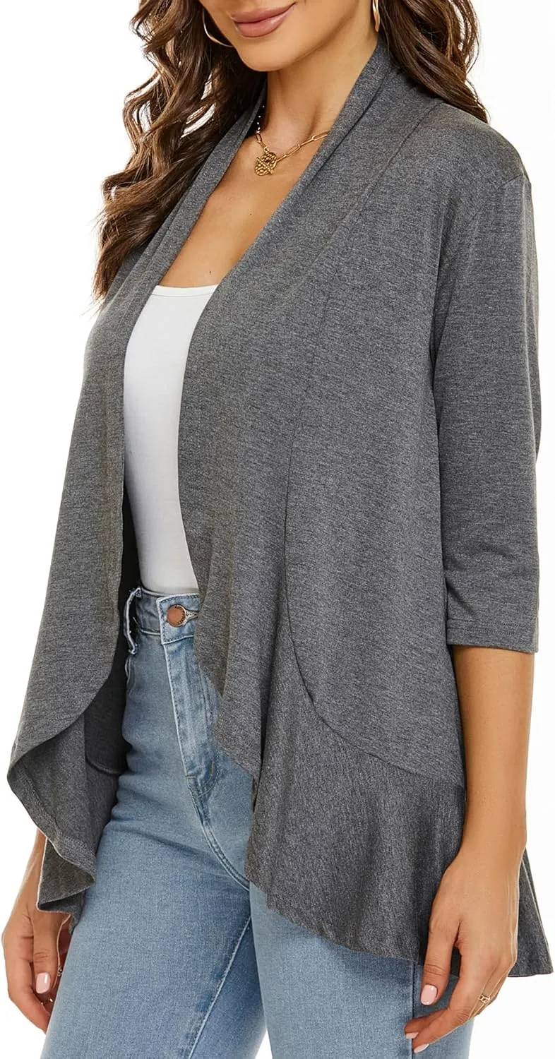 YnimioAOX Women's Cardigan Lightweight Open Front 3/4 Sleeves Draped Ruffles Knit Cardigan Sweaters