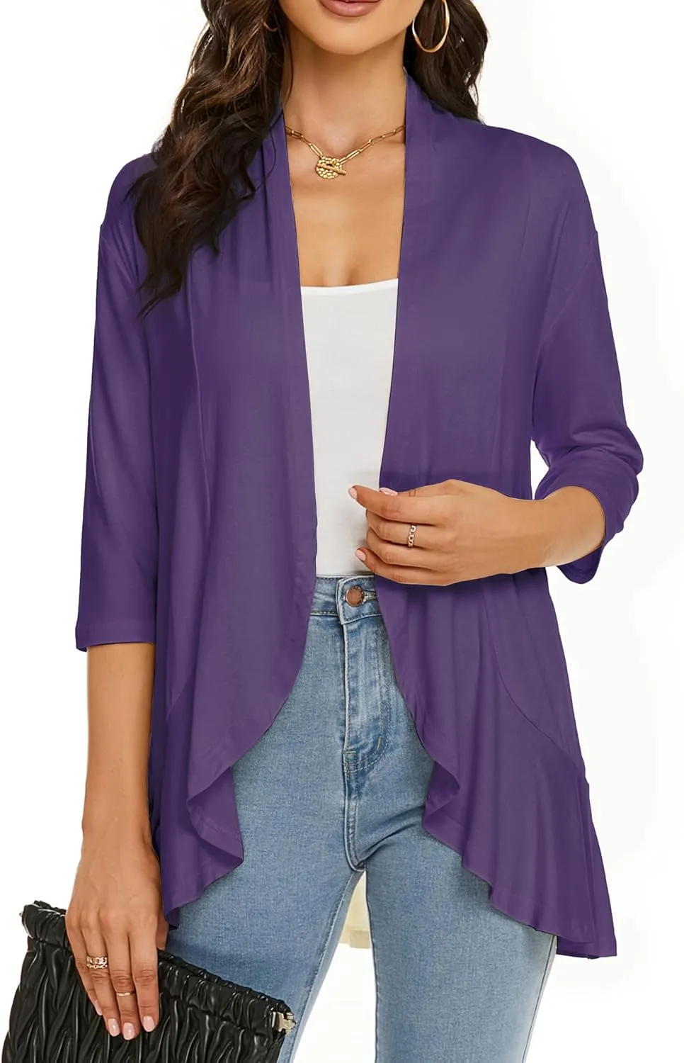 YnimioAOX Women's Cardigan Lightweight Open Front 3/4 Sleeves Draped Ruffles Knit Cardigan Sweaters