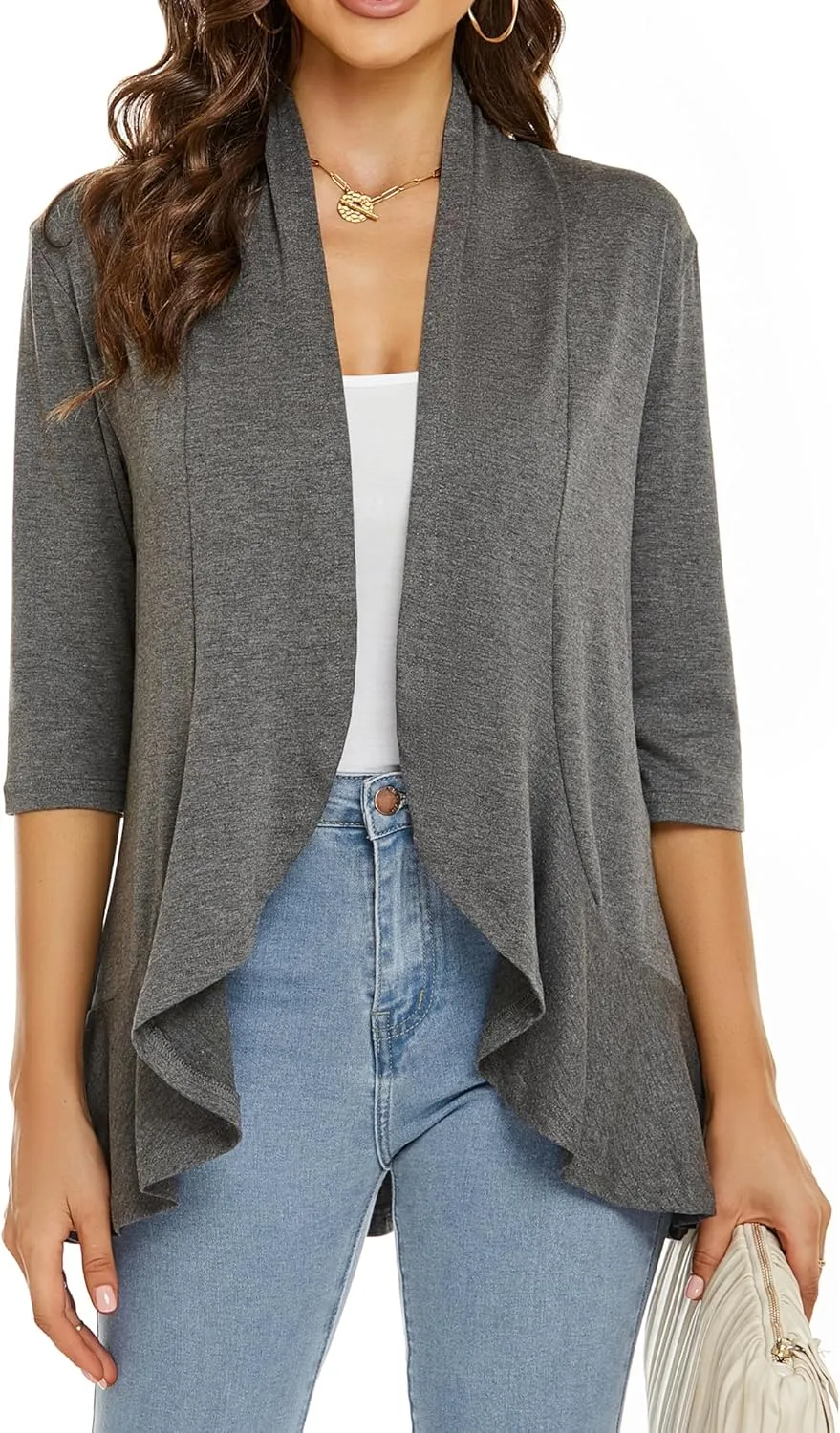 YnimioAOX Women's Cardigan Lightweight Open Front 3/4 Sleeves Draped Ruffles Knit Cardigan Sweaters