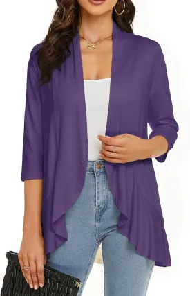YnimioAOX Women's Cardigan Lightweight Open Front 3/4 Sleeves Draped Ruffles Knit Cardigan Sweaters