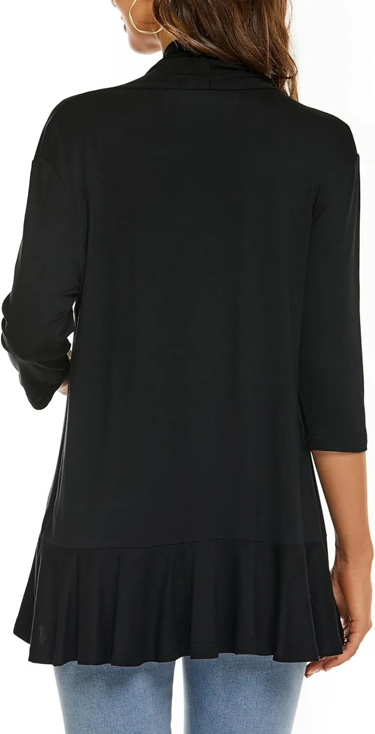 YnimioAOX Women's Cardigan Lightweight Open Front 3/4 Sleeves Draped Ruffles Knit Cardigan Sweaters