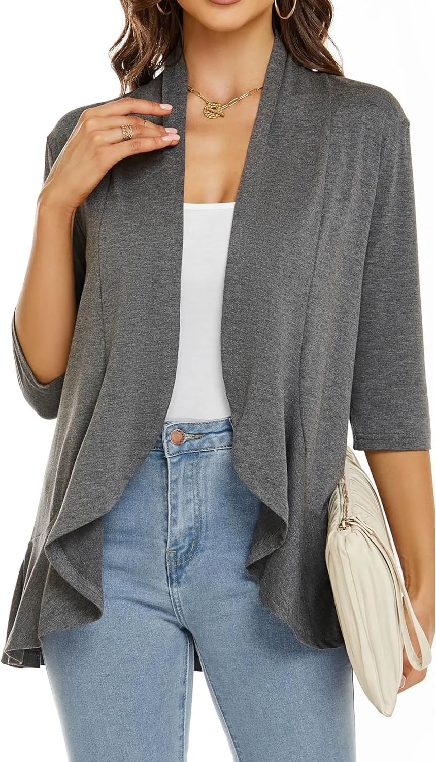 YnimioAOX Women's Cardigan Lightweight Open Front 3/4 Sleeves Draped Ruffles Knit Cardigan Sweaters