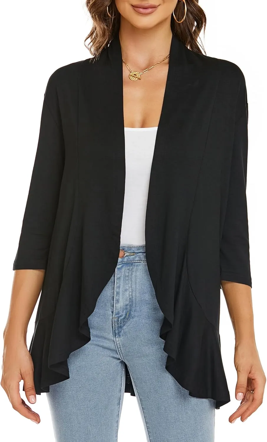 YnimioAOX Women's Cardigan Lightweight Open Front 3/4 Sleeves Draped Ruffles Knit Cardigan Sweaters