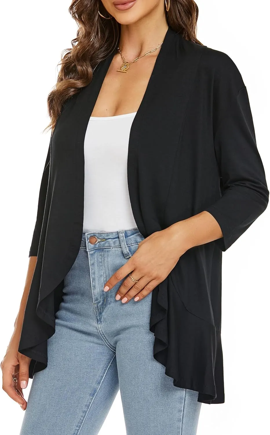 YnimioAOX Women's Cardigan Lightweight Open Front 3/4 Sleeves Draped Ruffles Knit Cardigan Sweaters