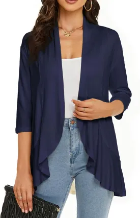 YnimioAOX Women's Cardigan Lightweight Open Front 3/4 Sleeves Draped Ruffles Knit Cardigan Sweaters