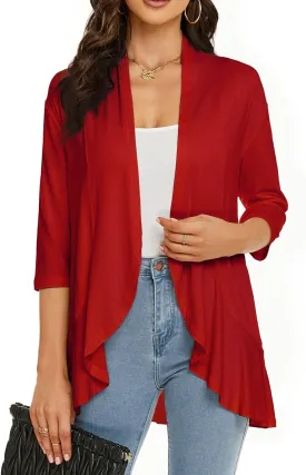 YnimioAOX Women's Cardigan Lightweight Open Front 3/4 Sleeves Draped Ruffles Knit Cardigan Sweaters