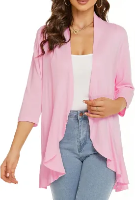 YnimioAOX Women's Cardigan Lightweight Open Front 3/4 Sleeves Draped Ruffles Knit Cardigan Sweaters