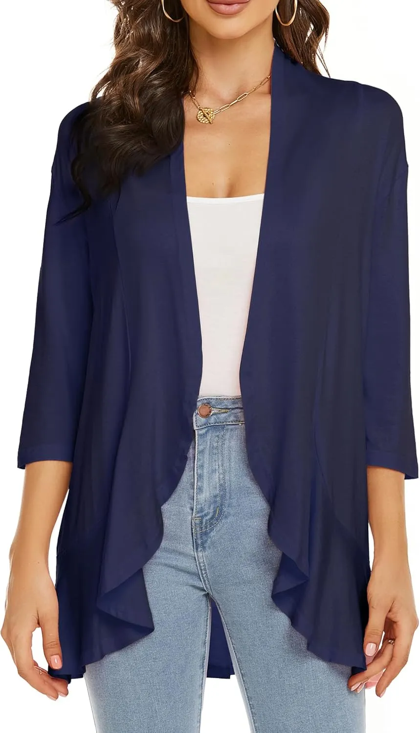 YnimioAOX Women's Cardigan Lightweight Open Front 3/4 Sleeves Draped Ruffles Knit Cardigan Sweaters