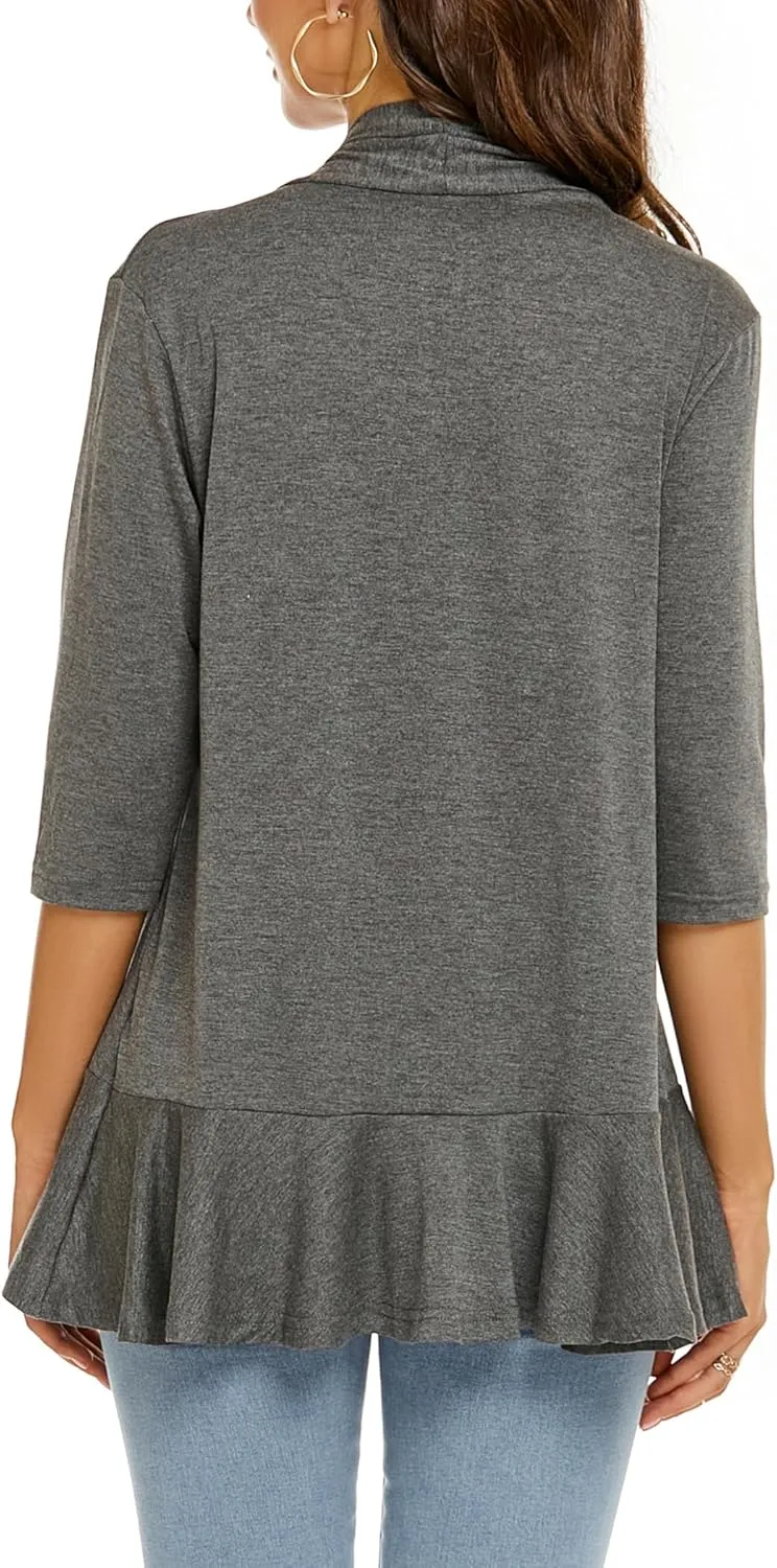 YnimioAOX Women's Cardigan Lightweight Open Front 3/4 Sleeves Draped Ruffles Knit Cardigan Sweaters