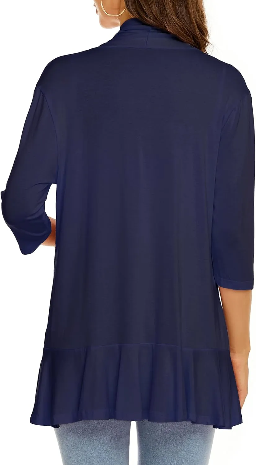 YnimioAOX Women's Cardigan Lightweight Open Front 3/4 Sleeves Draped Ruffles Knit Cardigan Sweaters