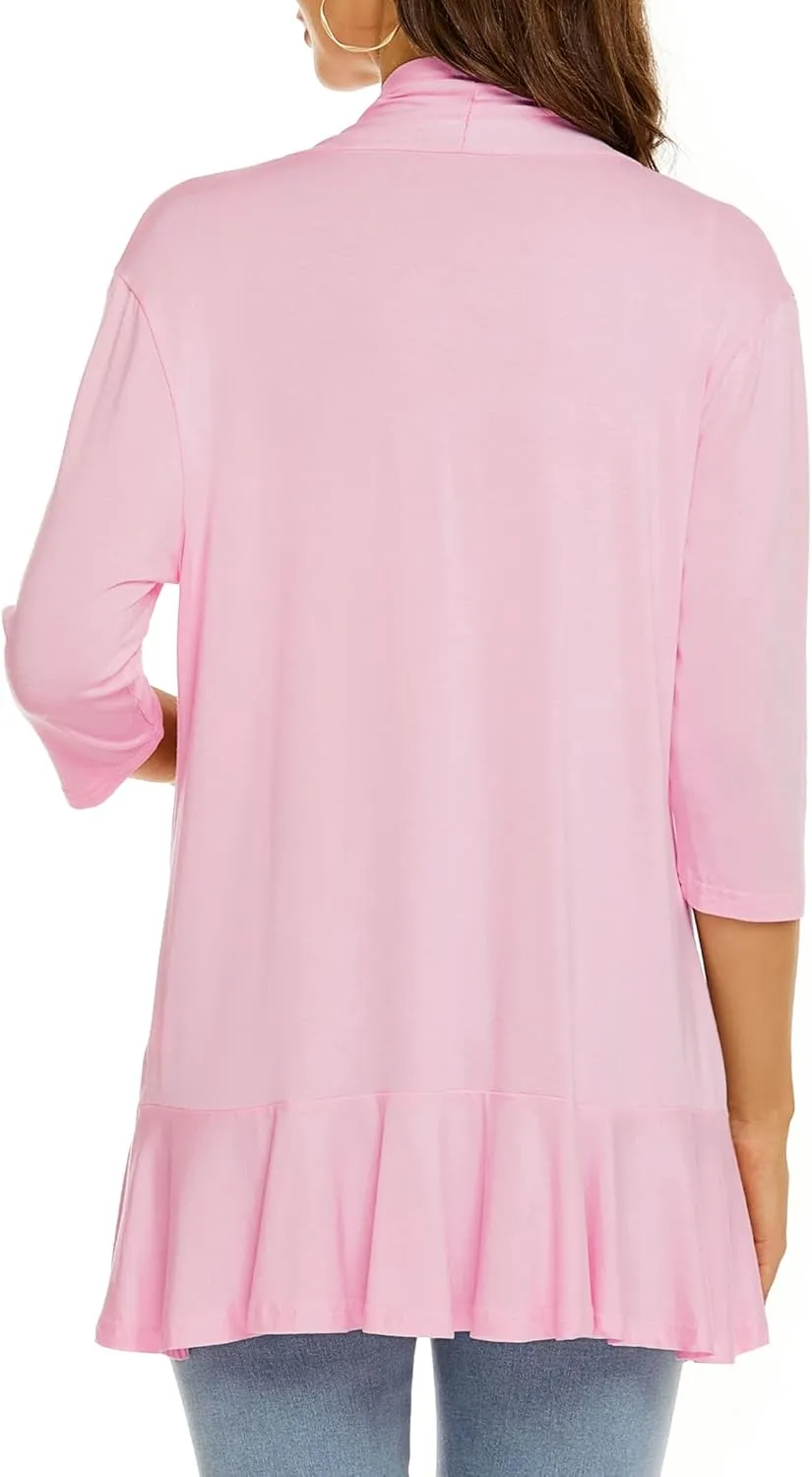 YnimioAOX Women's Cardigan Lightweight Open Front 3/4 Sleeves Draped Ruffles Knit Cardigan Sweaters