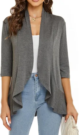 YnimioAOX Women's Cardigan Lightweight Open Front 3/4 Sleeves Draped Ruffles Knit Cardigan Sweaters
