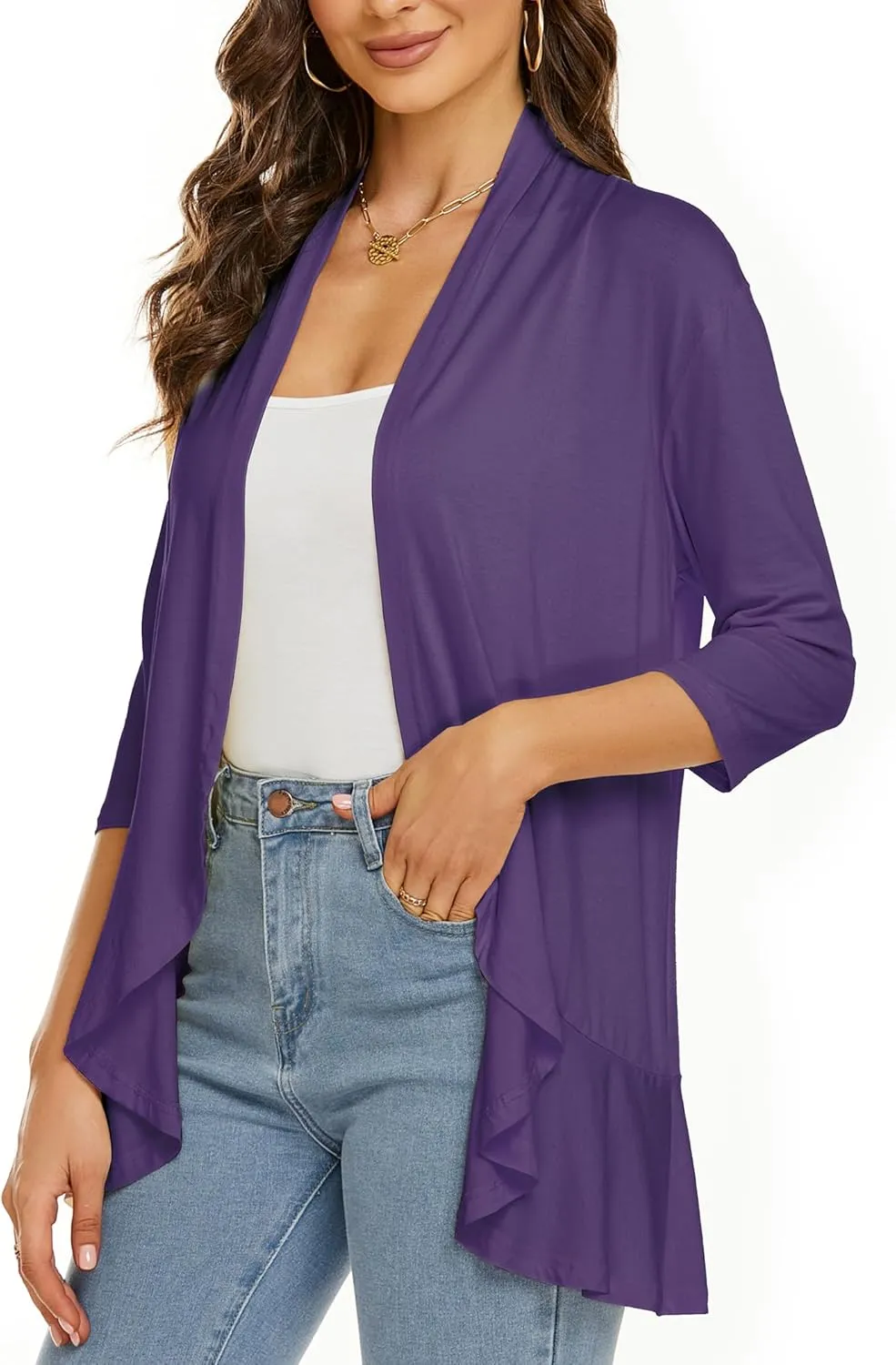 YnimioAOX Women's Cardigan Lightweight Open Front 3/4 Sleeves Draped Ruffles Knit Cardigan Sweaters