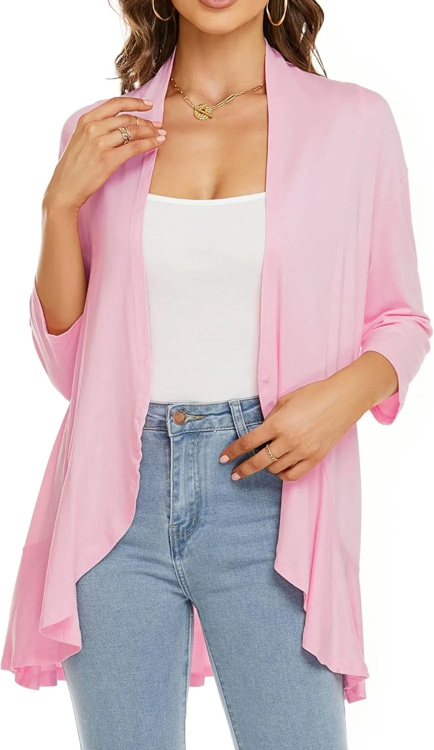 YnimioAOX Women's Cardigan Lightweight Open Front 3/4 Sleeves Draped Ruffles Knit Cardigan Sweaters