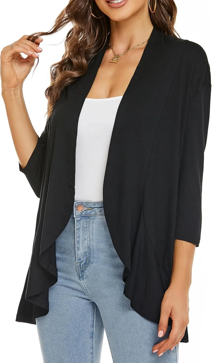 YnimioAOX Women's Cardigan Lightweight Open Front 3/4 Sleeves Draped Ruffles Knit Cardigan Sweaters