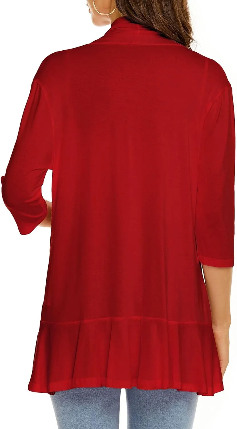 YnimioAOX Women's Cardigan Lightweight Open Front 3/4 Sleeves Draped Ruffles Knit Cardigan Sweaters