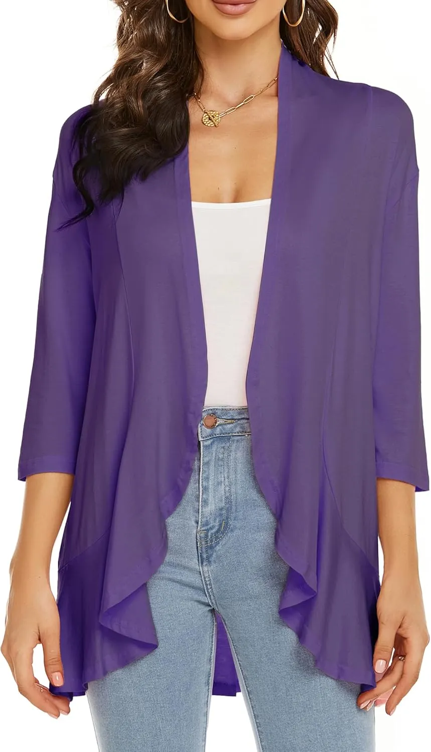 YnimioAOX Women's Cardigan Lightweight Open Front 3/4 Sleeves Draped Ruffles Knit Cardigan Sweaters