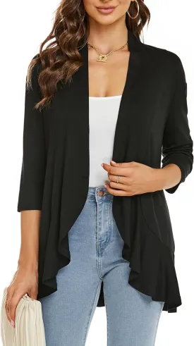 YnimioAOX Women's Cardigan Lightweight Open Front 3/4 Sleeves Draped Ruffles Knit Cardigan Sweaters