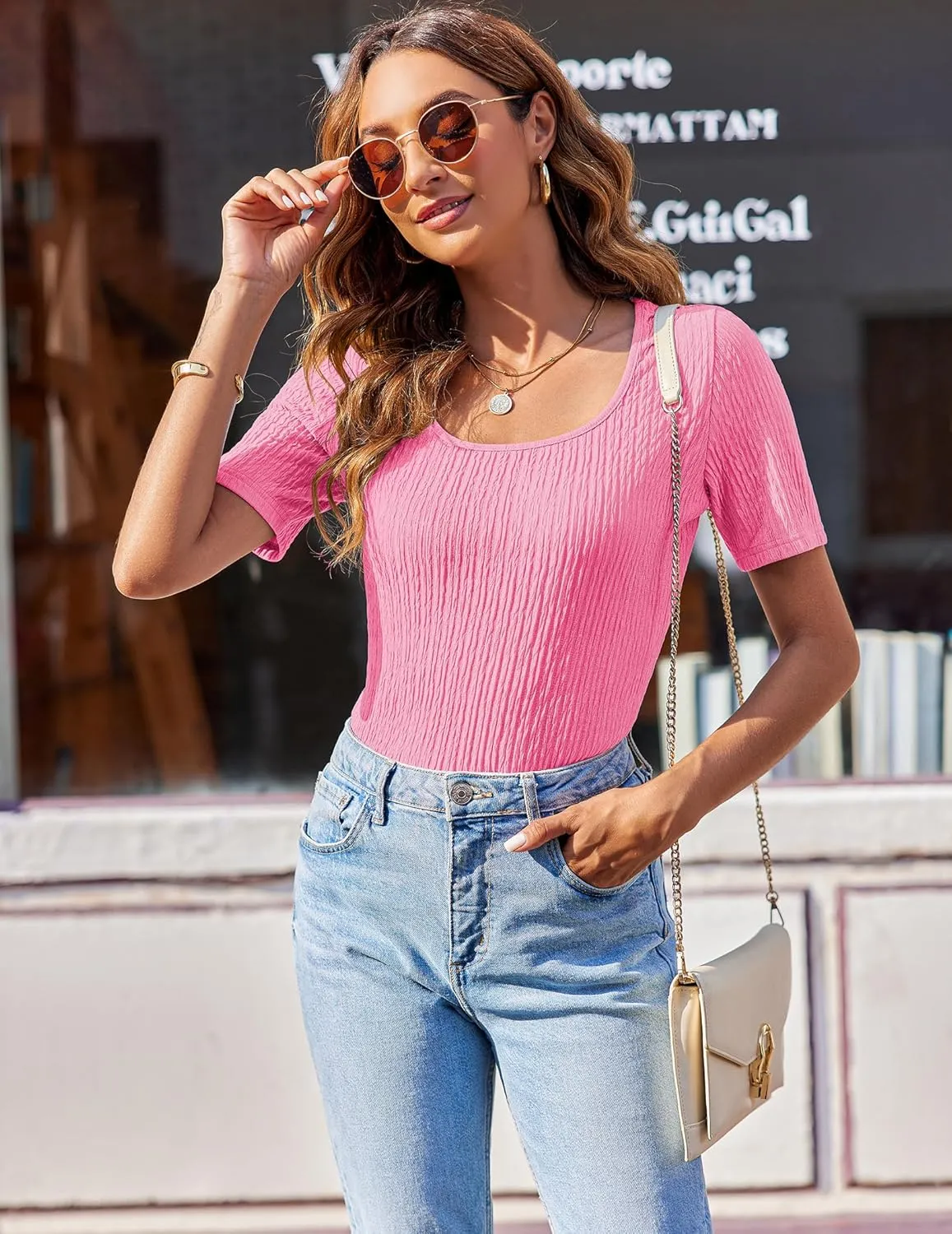 Zeagoo Women's 2024 Short Sleeve T Shirt Square Neck Slim Fitted Tops Summer Basic Solid Color Tee Tops