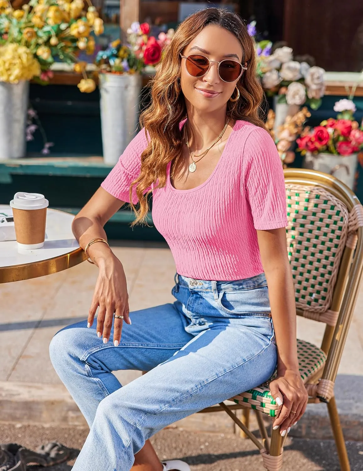 Zeagoo Women's 2024 Short Sleeve T Shirt Square Neck Slim Fitted Tops Summer Basic Solid Color Tee Tops