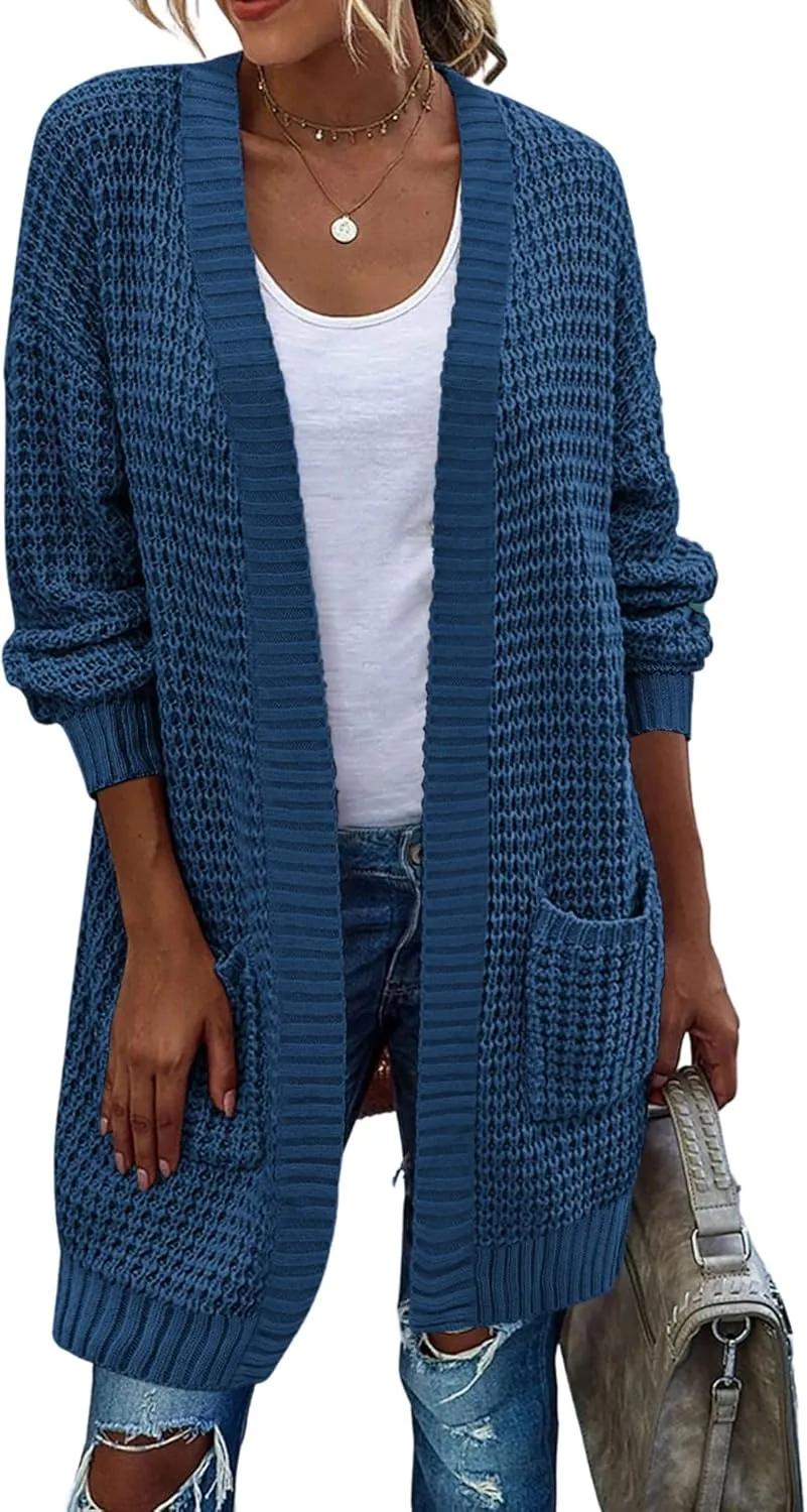 Zeagoo Women's 2025 Fall Open Front Cardigan Long Batwing Sleeve Chunky Knit Sweater Loose Outerwear Coats with Pockets