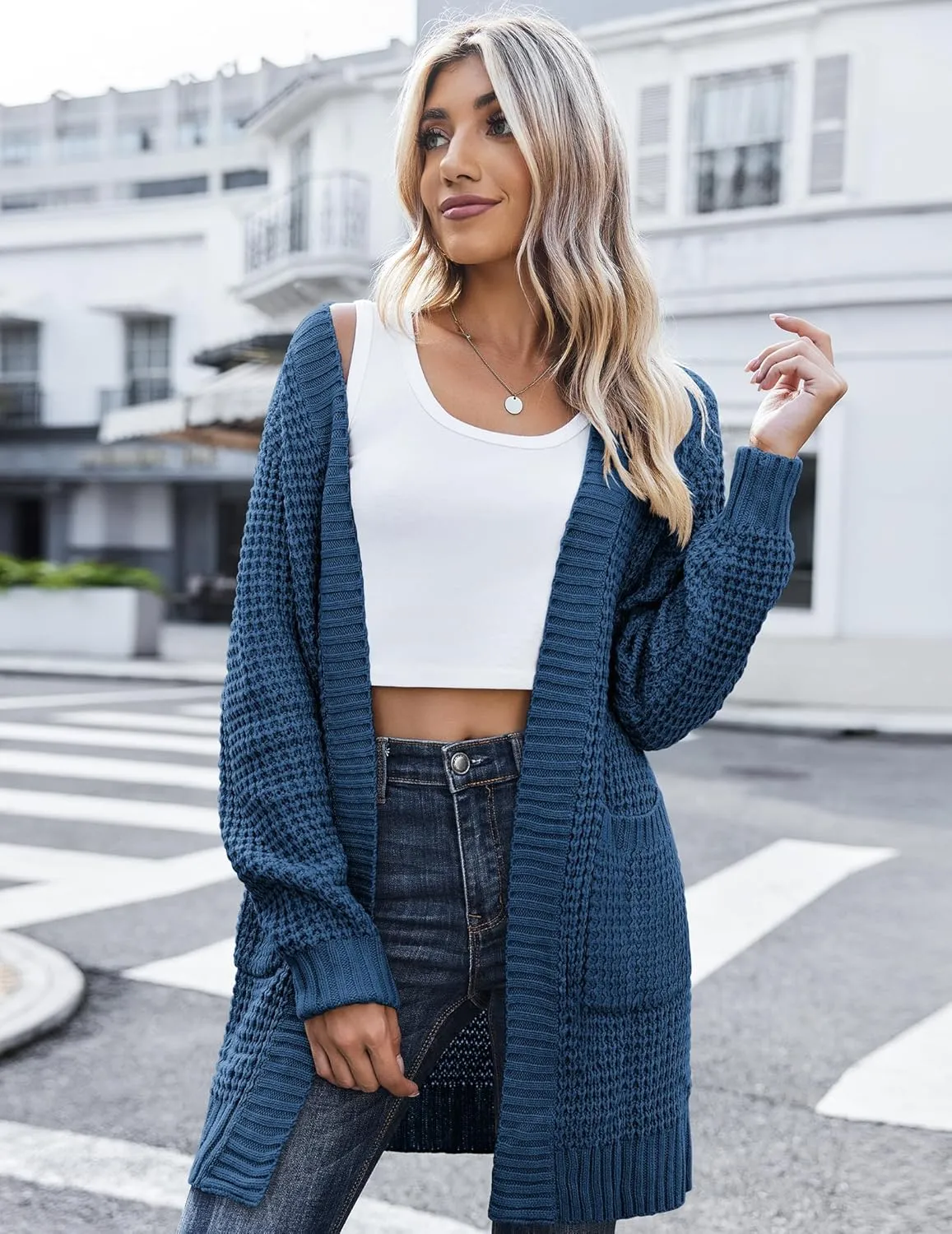 Zeagoo Women's 2025 Fall Open Front Cardigan Long Batwing Sleeve Chunky Knit Sweater Loose Outerwear Coats with Pockets